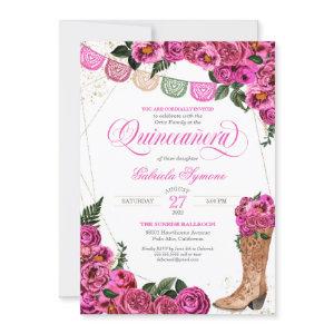 Charra Rustic Cowgirl Pink Rose Quinceañera Invita