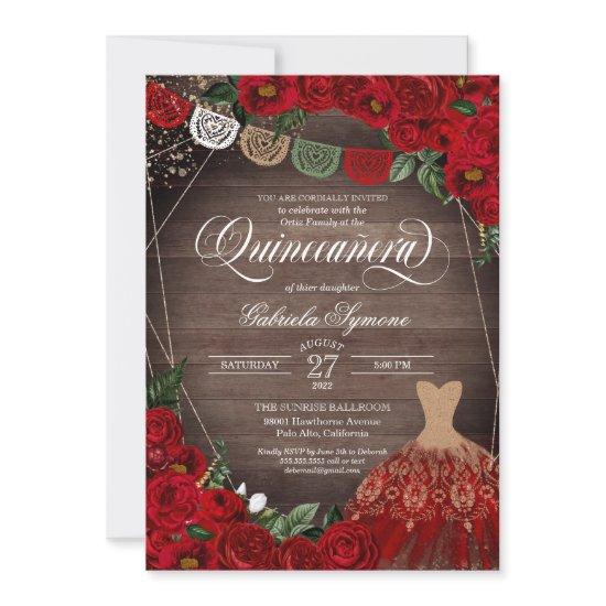 Charra Rustic Red Roses Glitter Dress Quinceañera