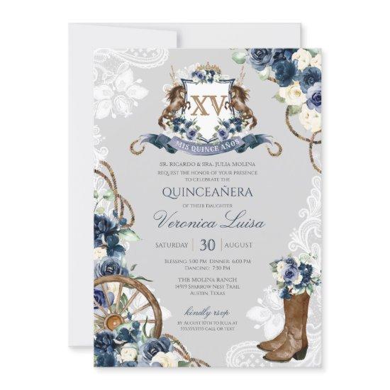 Charro Horse Crest Royal Navy Blue Quinceanera Inv