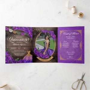 Charro Purple Roses Country Add Photo Quinceañera Tri-Fold
