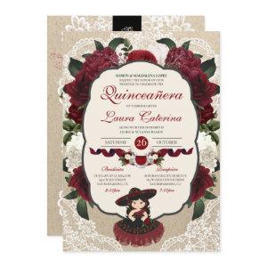 Charro Quinceanera Red Burgundy Floral Birthday