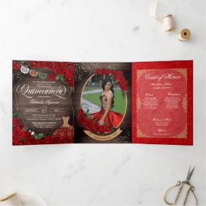 Charro Red Roses Gold Add Your Photos Quinceañera  Tri-Fold