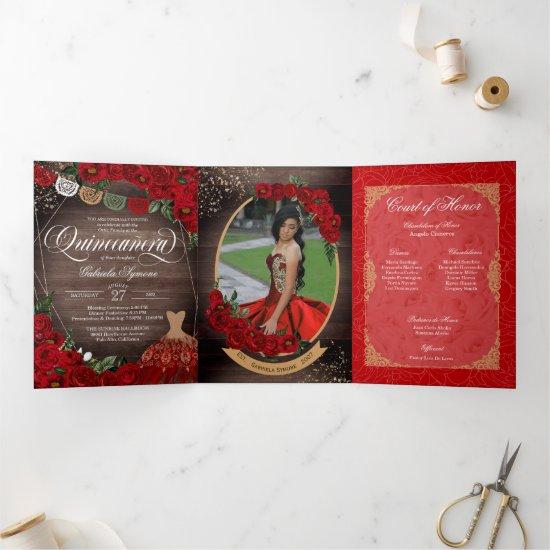 Charro Red Roses Gold Add Your Photos Quinceañera  Tri-Fold