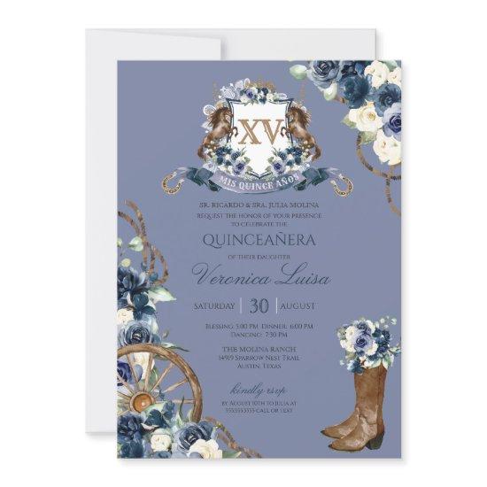 Charro  Royal Navy Blue Floral Crest Quinceanera
