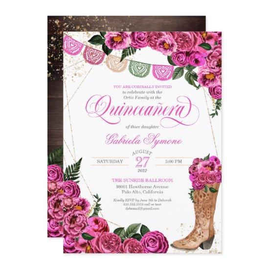 Charro Rustic Cowgirl Boots Pink Rose Quinceañera