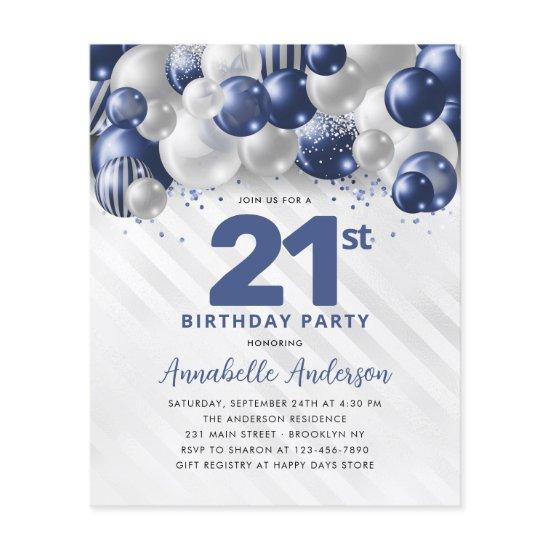 Cheap Blue Silver Balloon Glitter 21st Birthday Flyer