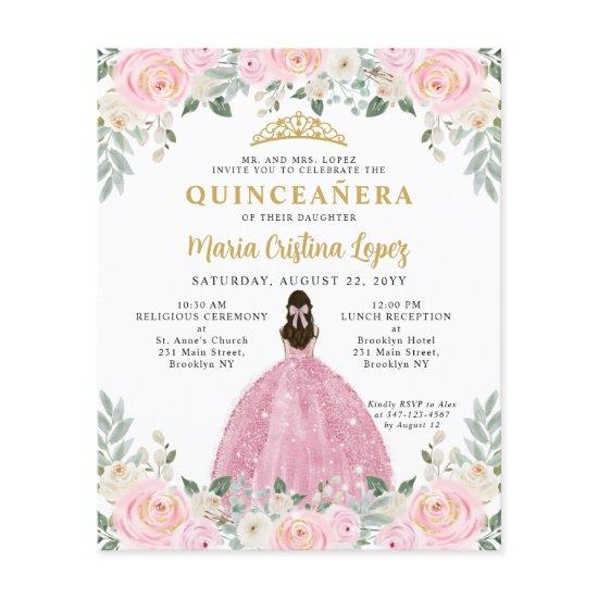 Cheap Blush Pink Gold Floral Princess Quinceañera Flyer