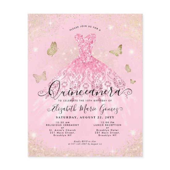 Cheap Blush Pink Gold Gown Quinceanera Invite Flyer