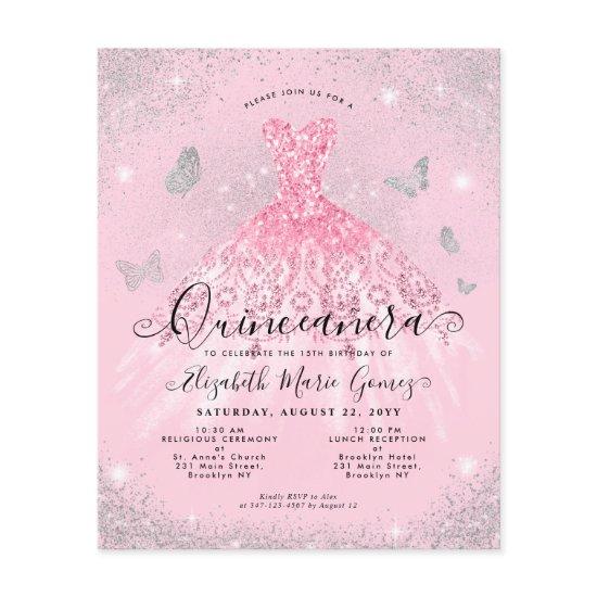 Cheap Blush Pink Silver Gown Quinceanera Invite Flyer
