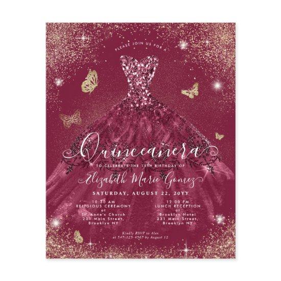 Cheap Burgundy Red Gold Gown Quinceanera Invite Flyer