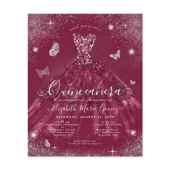 Cheap Burgundy Red Silver Gown Quinceanera Invite Flyer