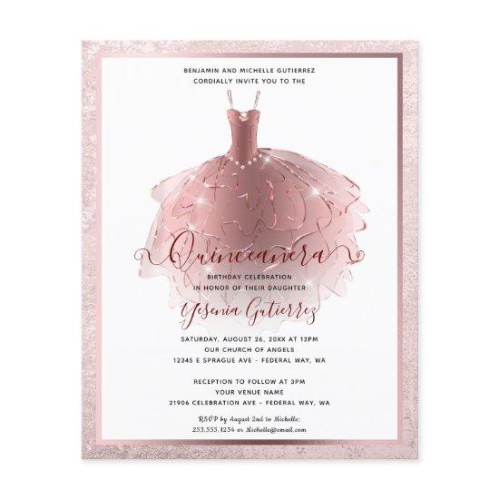 Cheap Elegant Rose Gold Quinceañera Dress Invite Flyer