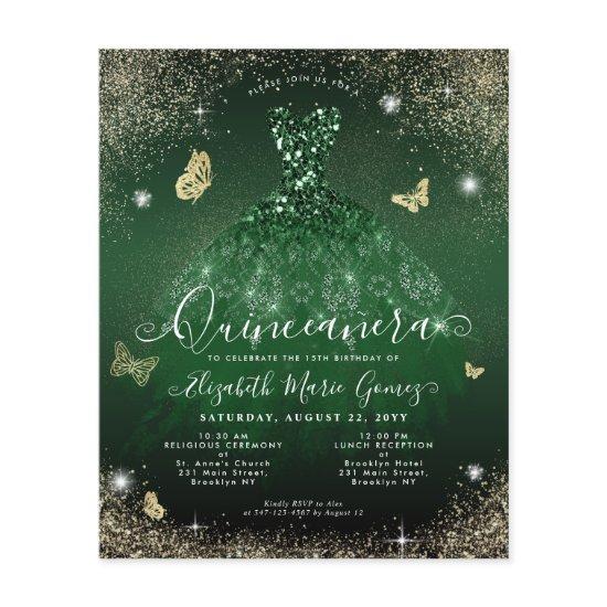 Cheap Emerald Green Gold Gown Quinceanera Card Flyer