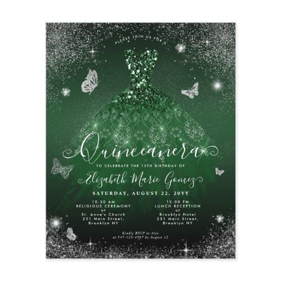 Cheap Emerald Green Silver Gown Quinceanera Card Flyer