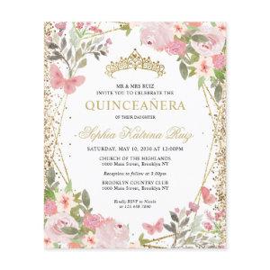 Cheap Floral Blush Gold Tiara Quinceañera Invite Flyer