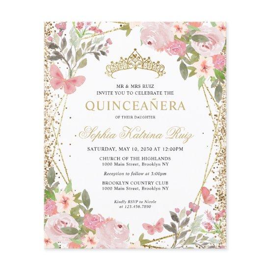 Cheap Floral Blush Gold Tiara Quinceañera Invite Flyer
