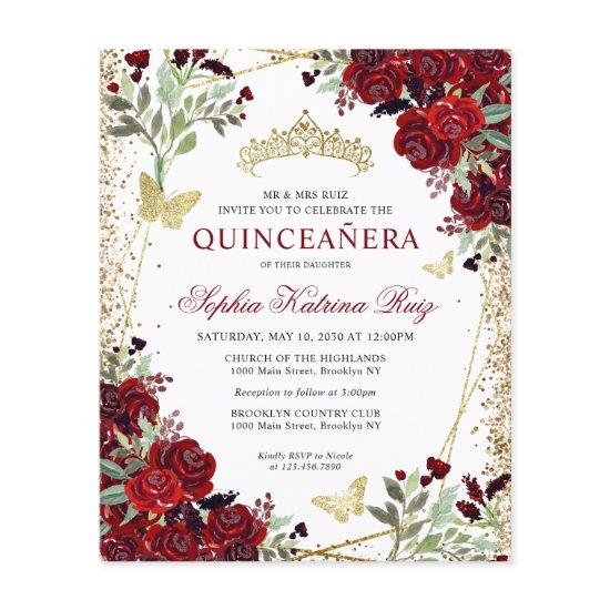 Cheap Floral Burgundy Gold Quinceañera Invite Flyer