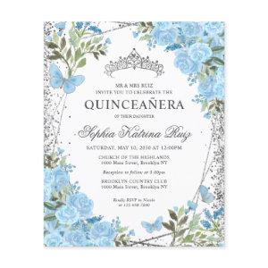 Cheap Floral Dusty Blue Silver Quinceañera Invite Flyer