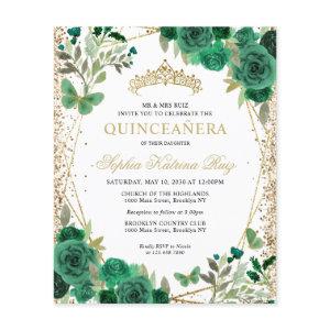Cheap Floral Green Gold Tiara Quinceañera Invite Flyer