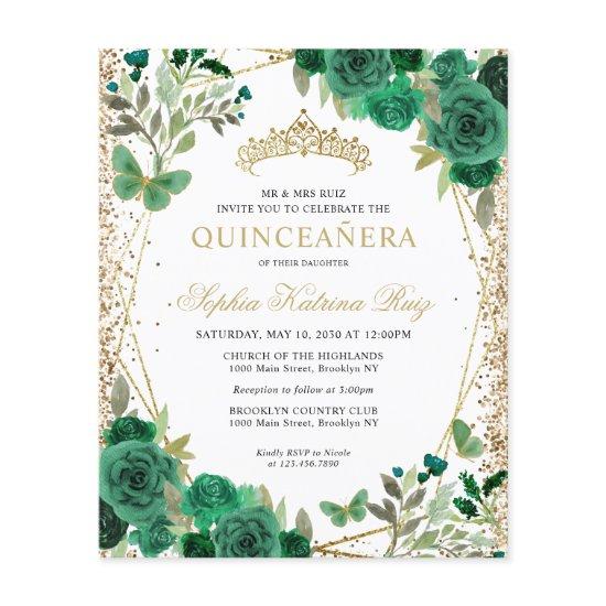 Cheap Floral Green Gold Tiara Quinceañera Invite Flyer
