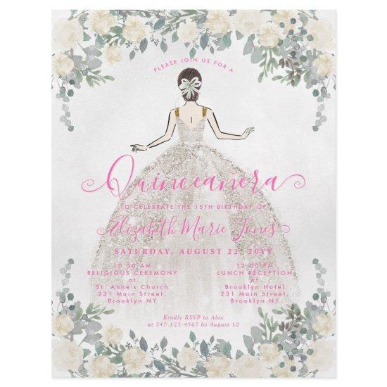 Cheap Floral Ivory Hot Pink Princess Quinceanera Flyer