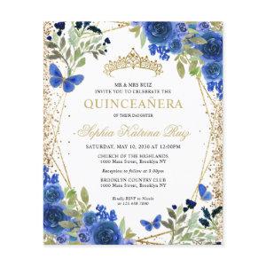 Cheap Floral Navy Blue Gold Quinceañera Invite Flyer