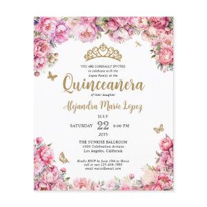 Cheap Floral Pink Gold Glitter Tiara Quinceañera Flyer