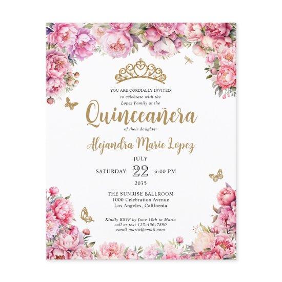Cheap Floral Pink Gold Glitter Tiara Quinceañera Flyer