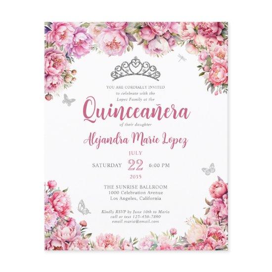 Cheap Floral Pink Silver Glitter Tiara Quinceañera Flyer