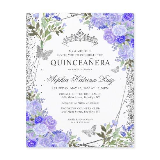 Cheap Floral Purple Silver Quinceañera Invite Flyer