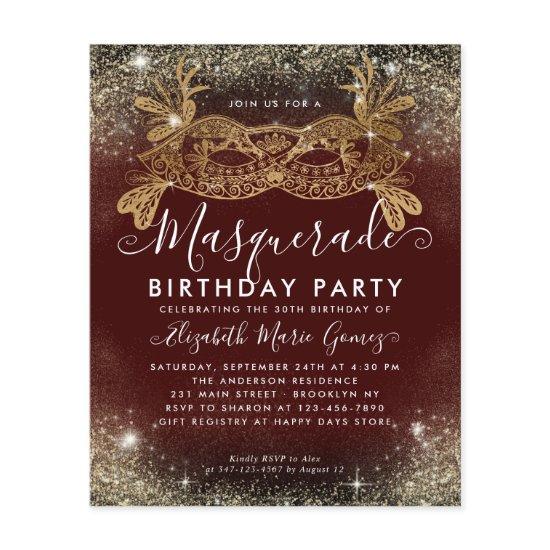 Cheap Masquerade Burgundy Gold Glitter Birthday Flyer
