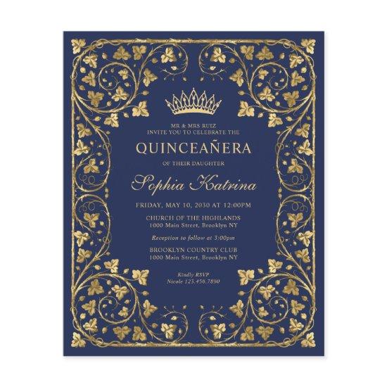 Cheap Navy Blue Floral Gold Tiara Quinceanera Flyer