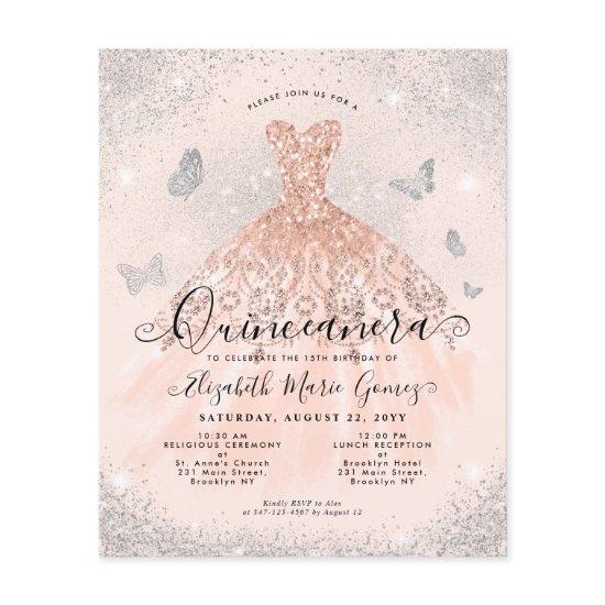 Cheap Pink Rose Gold Glam Gown Quinceanera Invite Flyer