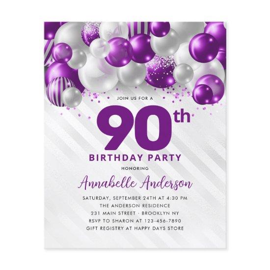 Cheap Purple Silver Balloon Glitter 90th Birthday Flyer