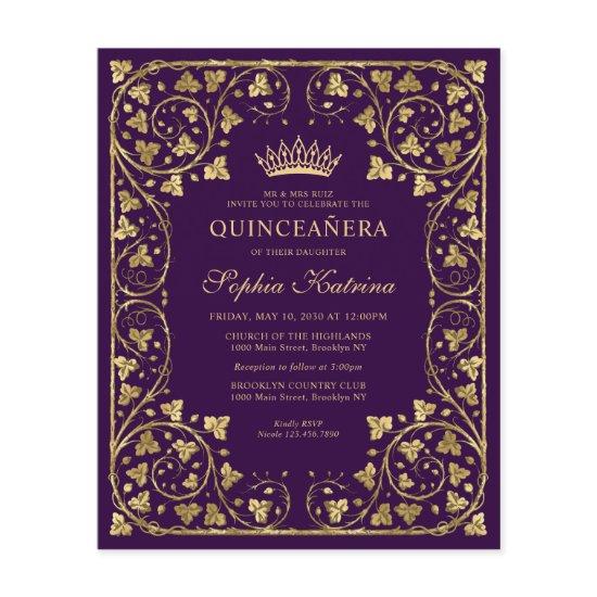 Cheap Purple Violet Floral Gold Tiara Quinceanera Flyer