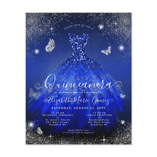 Cheap Royal Blue Silver Gown Quinceanera Invite Flyer