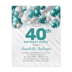 Cheap Teal Silver Balloon Glitter 40th Birthday Flyer