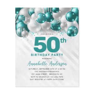 Cheap Teal Silver Balloon Glitter 50th Birthday Flyer