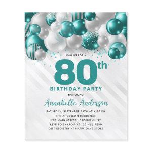 Cheap Teal Silver Balloon Glitter 80th Birthday Flyer