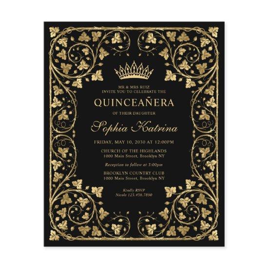 Cheap Vintage Black Floral Gold Tiara Quinceanera Flyer