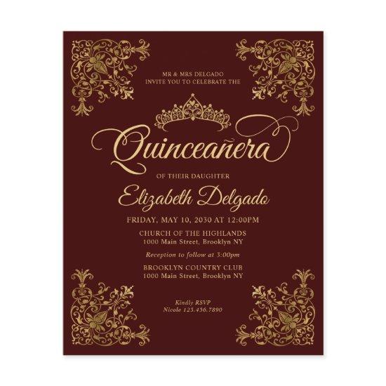Cheap Vintage Burgundy Gold Frame Quinceanera Flyer
