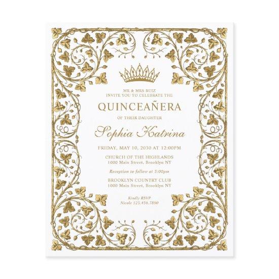 Cheap White Floral Vintage Gold Tiara Quinceanera Flyer