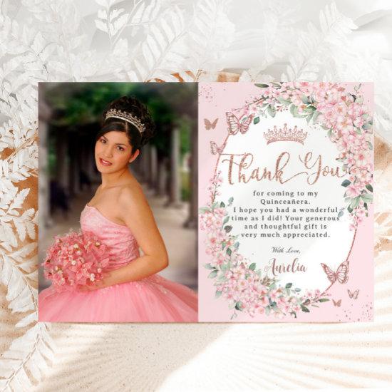 Cherry Blossoms Floral Butterflies Quinceanera Thank You Card