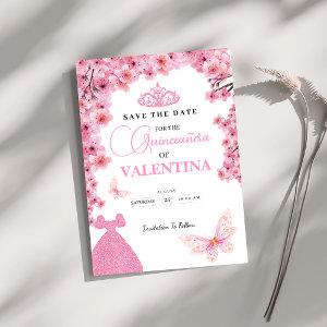Cherry Blossoms floral pink Butterfly Quinceañera Save The Date