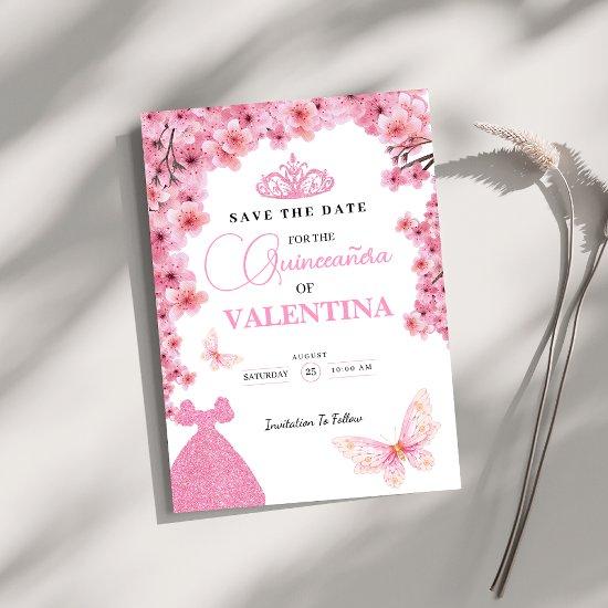 Cherry Blossoms floral pink Butterfly Quinceañera Save The Date