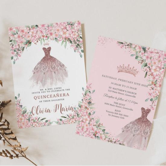 Cherry Blossoms Floral Rose Gold Dress Quinceañera