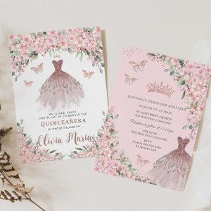 Cherry Blossoms Floral Rose Gold Dress Quinceañera