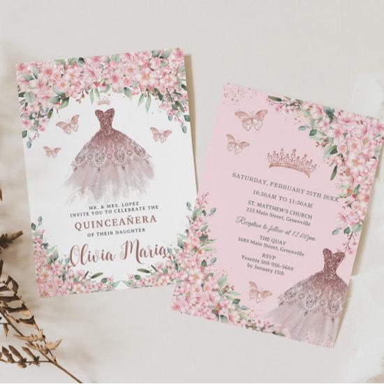 Cherry Blossoms Floral Rose Gold Dress Quinceañera
