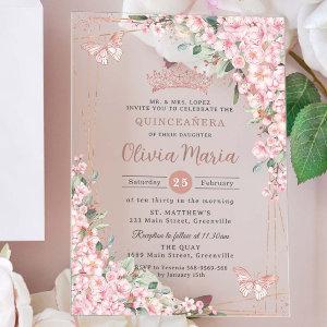 Cherry Blossoms Rose Gold Butterflies Quinceañera Acrylic