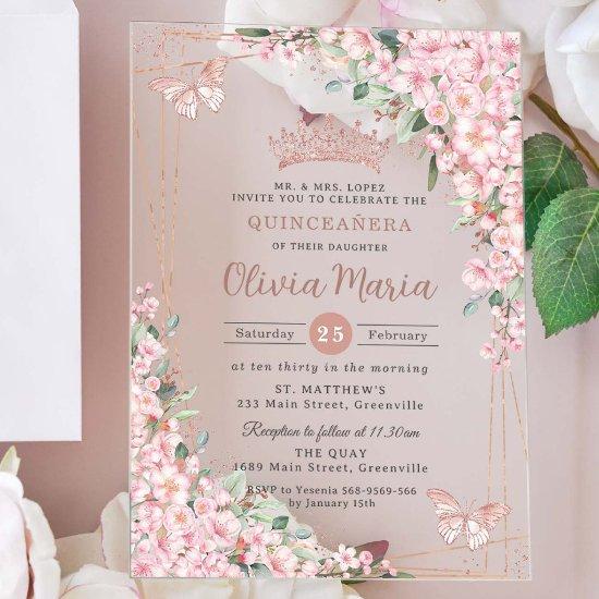 Cherry Blossoms Rose Gold Butterflies Quinceañera Acrylic